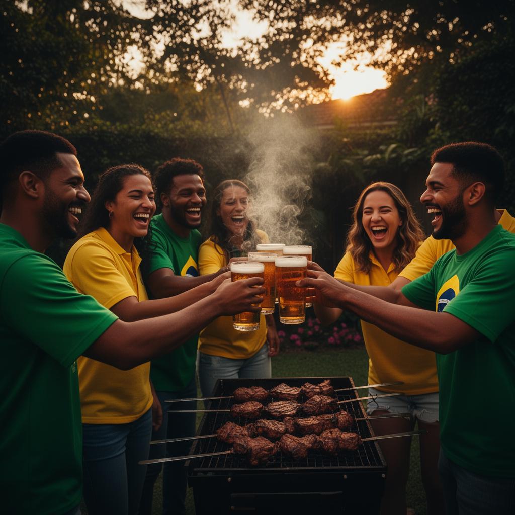 Amigos brindando com cerveja durante a resenha de churrasco